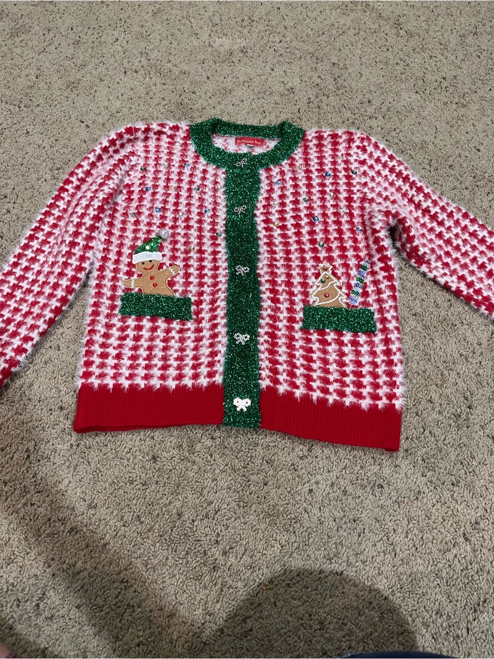 Women's Red & White Holiday Cardigan with Green Trim